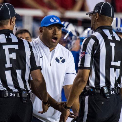 Rick Egan  |  The Salt Lake Tribune

Brigham Young Cougars head coach Kalani Sitake reacts to a controversial call by the officials, in football action, BYU vs. Utah, at Rice-Eccles Stadium, Saturday, September 10, 2016.