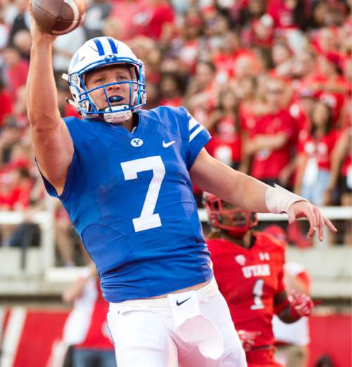 Rick Egan  |  The Salt Lake Tribune

Brigham Young quarterback Taysom Hill (7) reacts as he runs for a touchdown for the Cougars, in second quarter action, BYU vs. Utah at Rice-Eccles Stadium, Saturday, September 10, 2016.