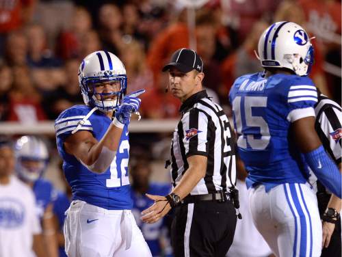 Scott Sommerdorf   |  The Salt Lake Tribune  
BYU DB Kai Nacua argues that he should not have been ejected for targeting. Utah defeated BYU 20-19, Saturday, September 10, 2016.