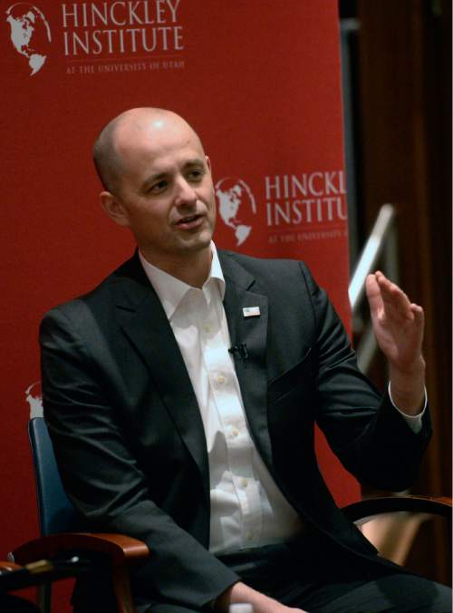 Al Hartmann  |  The Salt Lake Tribune
Evan McMullin, a conservative independent presidential candidate, appears at the Hinckley Institute of Politics at the University of Utah Wednesday September 1.