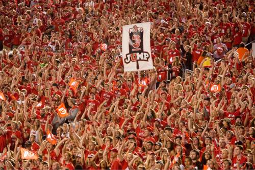 Rick Egan  |  The Salt Lake Tribune

Ute fans do the 3rd down jump, in football action, at Rice-Eccles Stadium, Saturday, September 10, 2016.