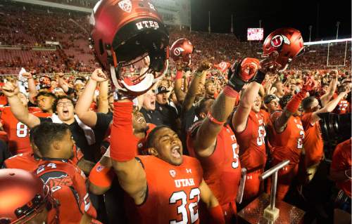 Rick Egan  |  The Salt Lake Tribune

Utah Utes celebrate their 20-19 won over BYU as they sing "Utah Man" in football action, BYU vs. Utah at Rice-Eccles Stadium, Saturday, September 10, 2016.