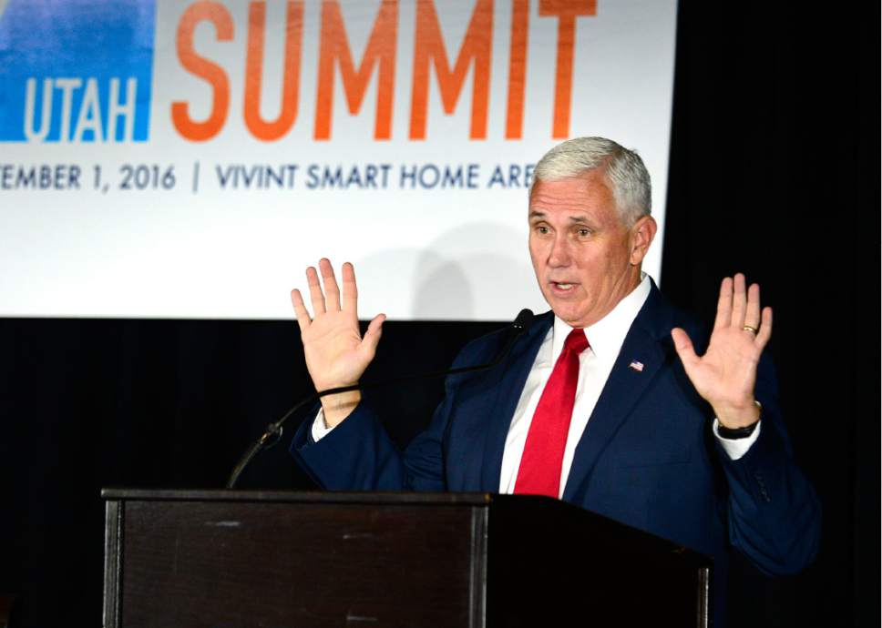 Scott Sommerdorf   |  Tribune file photo  
Indiana Governor Mike Pence speaks at Sen. Mike Lee's "Solutions Summit" at Vivint Arena, Thursday, September 1, 2016.