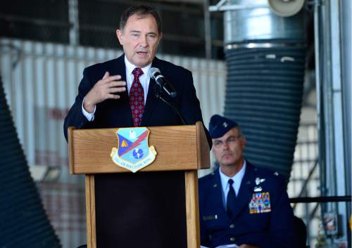 Scott Sommerdorf   |  The Salt Lake Tribune  
Utah Governor Gary Herbert speaks during a promotion and assumption-of-command ceremony in which Utah Air National Guard Col. Christine M. Burckle was promoted to the rank of Brigadier General during Saturday, August 6, at 9 a.m. in the North Hangar of Roland R. Wright Air National Guard Base. Burckle is the first woman general in the Utah National Guard, Saturday, August 6, 2016.
