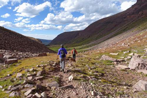 Lennie Mahler  |  The Salt Lake Tribune

Amanda and Peter Wagner descend from Gunsight Pass along to the trail to Kings Peak. Tuesday, Sept. 6, 2016.
