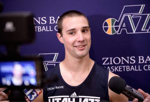 Al Hartmann  |  The Salt Lake Tribune
Jazz hopeful Aaron Craft, Ohio State guard is interviewed by the local media after working out at the Jazz practice facility in Salt Lake City Monday June 2.