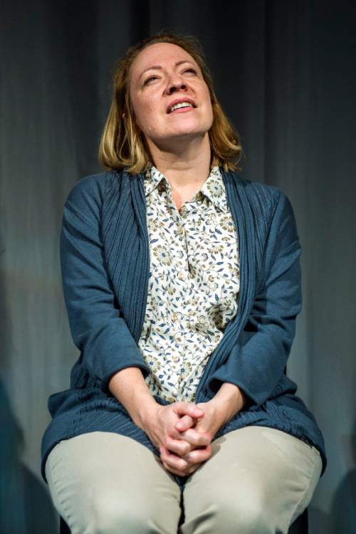 Chris Detrick  |  The Salt Lake Tribune

April Fossen plays Connie in a rehearsal Aug. 30 for "Bull Shark Attack," which will make its world premiere in September at Salt Lake Acting Company.