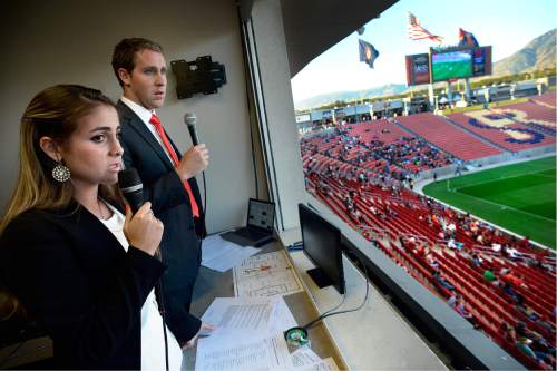 Scott Sommerdorf   |  The Salt Lake Tribune  
Carla Swensen Haslam and fellow announcer Landon Southwick call the action during the Monarchs match versus the Orange County Blues, Friday, September 9, 2016. Carla Swensen Haslam, a junior forward on the nationally-ranked BYU women's soccer team, also serves as the color commentator on the broadcast for Real Monarchs matches.