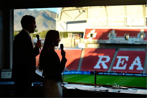 Scott Sommerdorf   |  The Salt Lake Tribune  
Carla Swensen Haslam and fellow announcer Landon Southwick call the action during the Monarchs match versus the Orange County Blues, Friday, September 9, 2016. Carla Swensen Haslam, a junior forward on the nationally-ranked BYU women's soccer team, also serves as the color commentator on the broadcast for Real Monarchs matches.