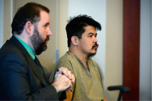 Scott Sommerdorf   |  The Salt Lake Tribune  
Valentin Dulla Santarromana, charged with shooting and wounding his estranged wife and her friend last year at his Millcreek area home, appeared in court with his attorney Michael Misner, Wednesday, March 30, 2016, but any pleas or sentencing were held over until May 10th.