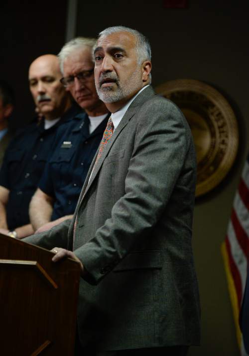 Francisco Kjolseth |  Tribune file photo
Salt Lake District Attorney Sim Gill is joined by SLC police Chief Mike Brown, far left, and Sheriff Jim Winder, as they discuss two crime trends: an increases in bank robberies and growing concerns about heroin in Utah during a press event in Salt Lake City.