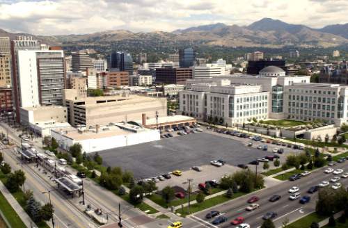 Steve Griffin  |  The Salt Lake Tribune

A view of the block containing the Matheson Courthouse and the First Security Bank building on September 12, 2002.