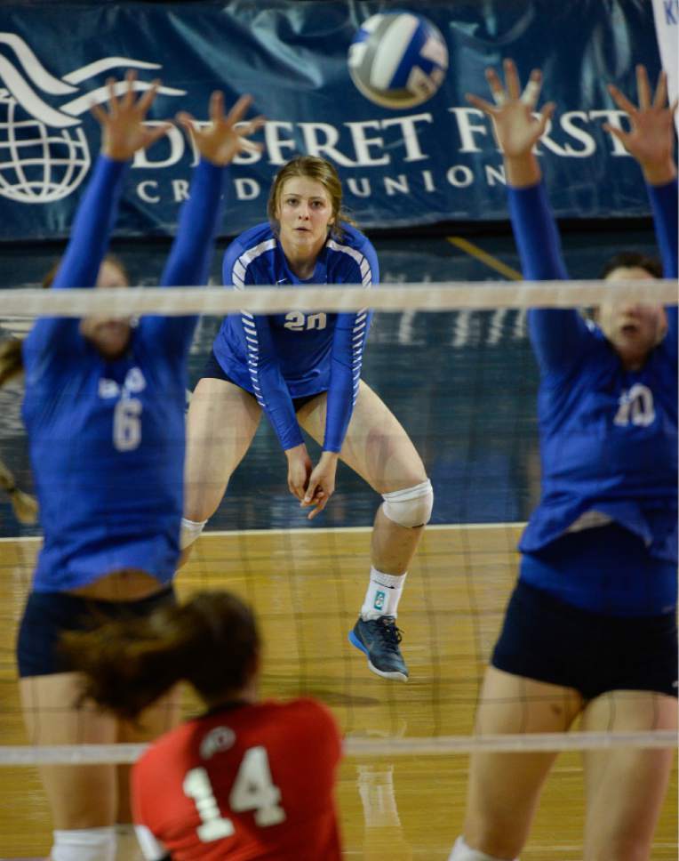Francisco Kjolseth | The Salt Lake Tribune
BYU's Hannah Robison, center, keeps her eye on the ball before letting it go out in game action in women's volleyball at the Smith Fieldhouse in Provo on Thursday, Sept. 15, 2016.