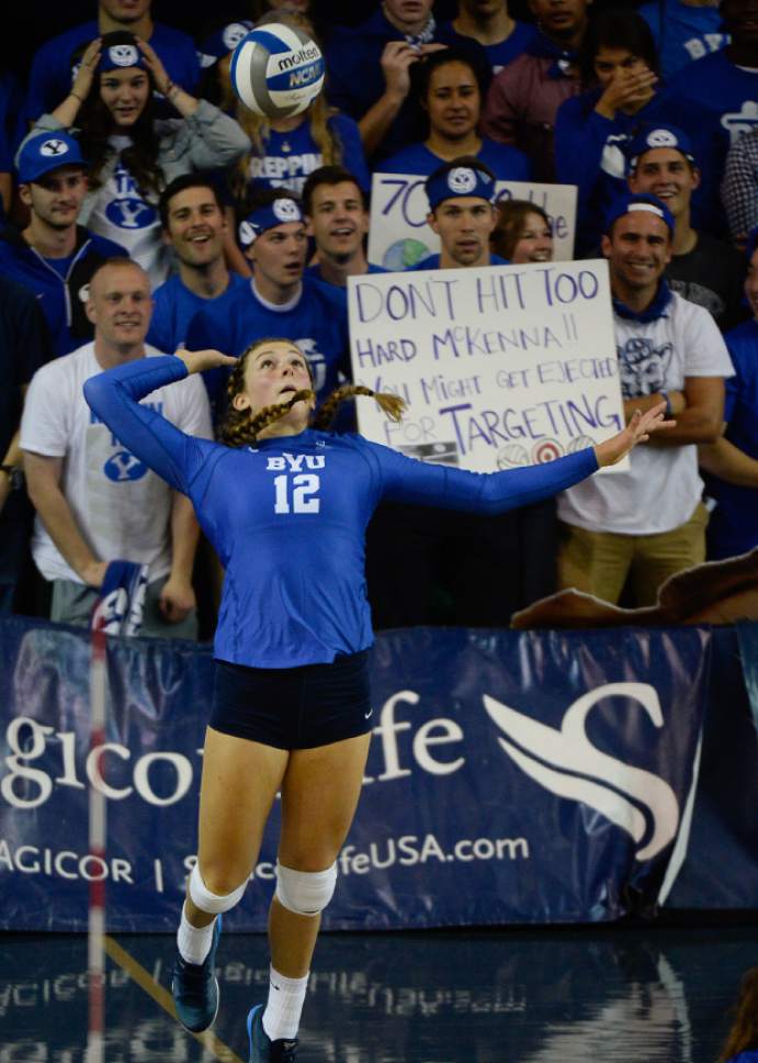 Francisco Kjolseth | The Salt Lake Tribune
Roni Jones-Perry of BYU serves one up against Utah in women's volleyball at the Smith Fieldhouse in Provo on Thursday, Sept. 15, 2016.