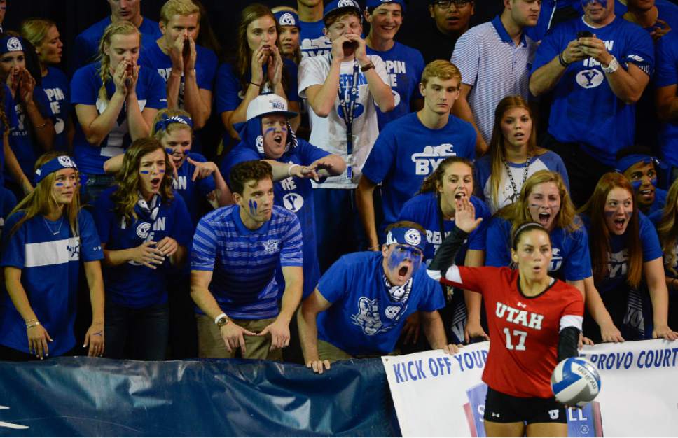 Francisco Kjolseth | The Salt Lake Tribune
BYU fans try to put the pressure on Utah's Tristyn Moser as she serves one up in women's volleyball at the Smith Fieldhouse in Provo on Thursday, Sept. 15, 2016.