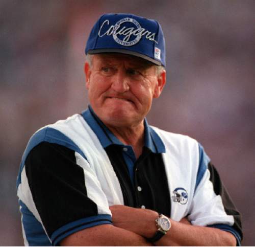 Steve Griffin | The Salt Lake Tribune

BYU head coach LaVell Edwards looks on nervously during the Utah-BYU game in 1995.