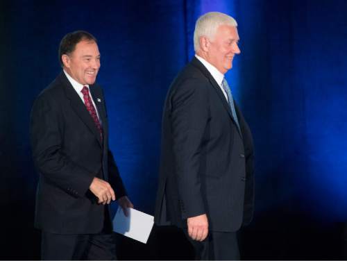 Rick Egan  |  The Salt Lake Tribune

Gov. Gary Herbert and Democratic candidate Mike Weinholtz take the stage for a debate during the Utah League of Cities and Towns annual conference at the Sheraton, in Salt Lake City, Friday, September 16, 2016.