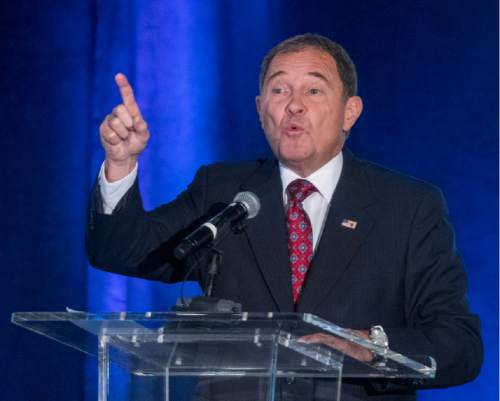 Rick Egan  |  The Salt Lake Tribune

Gov. Gary Herbert give his final statement, during a debate with Mike Weinholtz, during the Utah League of Cities and Towns annual conference at the Sheraton, in Salt Lake City, Friday, September 16, 2016.