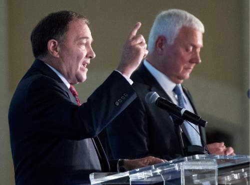 Rick Egan  |  The Salt Lake Tribune

Gov. Gary Herbert answers a question during a debate with Mike Weinholtz, during the Utah League of Cities and Towns annual conference at the Sheraton, in Salt Lake City, Friday, September 16, 2016.