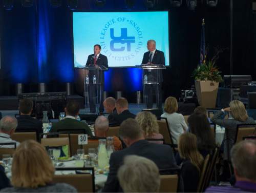 Rick Egan  |  The Salt Lake Tribune

Gov. Gary Herbert answers a question during a debate with Mike Weinholtz, during the Utah League of Cities and Towns annual conference at the Sheraton, in Salt Lake City, Friday, September 16, 2016.