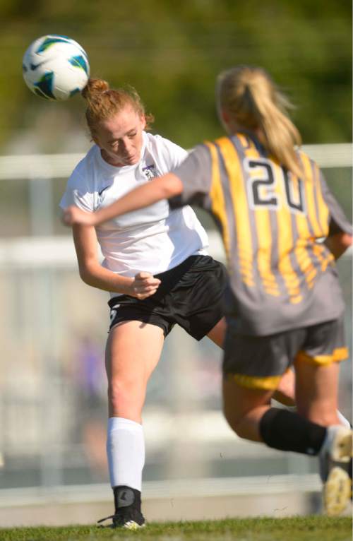 Leah Hogsten  |  The Salt Lake Tribune
Tooele's Emily Webber takes a header during their win against Union High School, 6-0, September 16, 2016. Tooele High School girls' soccer team has never won a state title, in fact the Buffaloes have rarely even had a winning season. That's what has made this season so special. Under the direction of head coach Stephen Duggan, Tooele is off to a 7-1-2 start, and feeling very much like a title contender for once.