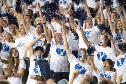 Rick Egan  |  The Salt Lake Tribune

BYU fans cheer as the Cougars takes the field before football action, BYU vs, UCLA, at Lavell Edwards Stadium, Saturday, September 17, 2016.