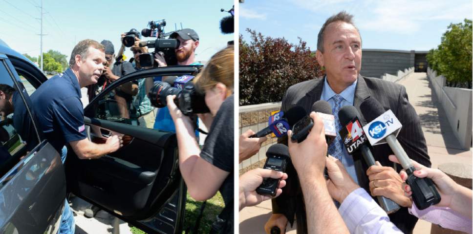 photos by Francisco Kjolseth  |  The Salt Lake Tribune
Former Utah Attorneys General John Swallow and Mark Shurtleff are surrounded by reporters outside the Salt Lake County Jail after their arrests on July 15, 2014.