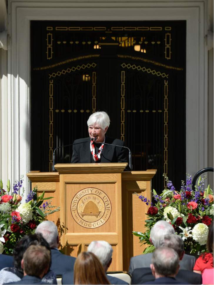 Francisco Kjolseth | The Salt Lake Tribune
Gail Miller of the Larry H. Miller Group speaks at the unveiling of the University of Utah's newly refurbished Enos A. Wall Mansion with a new name on Wed. Aug. 24, 2016, as the Thomas S. Monson Center after the current president of the Church of Jesus Christ of Latter-day Saints. The mansion becomes the home of the Kem C. Gardner Policy Institute.