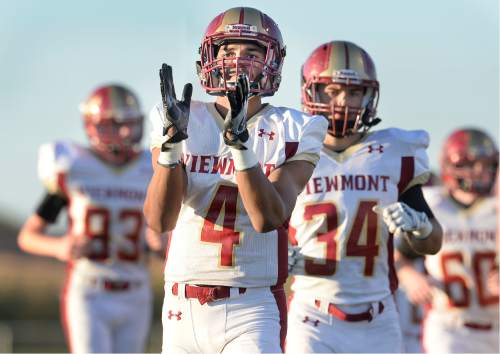Scott Sommerdorf   |  The Salt Lake Tribune  
Viewmont WR Jacob Barnum takes the field with his team mates at the start of their game vs Syracuse. Syracuse beat Viewmont 13-6, Friday, September 16, 2016.
