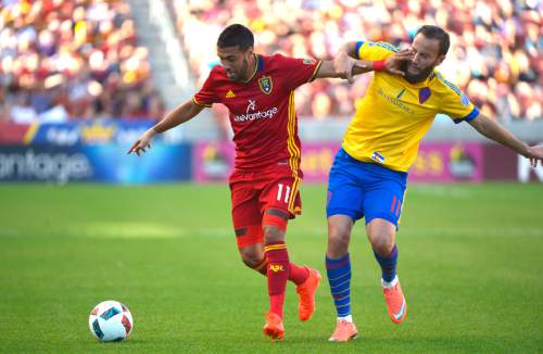 Leah Hogsten  |  The Salt Lake Tribune
Real Salt Lake midfielder Javier Morales (11) battles Colorado Rapids midfielder Shkelzen Gashi (11). Real Salt Lake is tied 1-1with the Colorado Rapids during their Rocky Mountain Championship Cup game at Rio Tinto Stadium Friday, August 26, 2016.