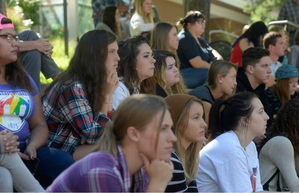 Al Hartmann  |  The Salt Lake Tribune
Students at Westminster College listen to speakers at a gathering on the school commons for Start by Believing week September 19–22 across campus. It is the first time a full week of events on a Utah college campus will be devoted to the Start by Believing campaign. The movement is designed to help change the way people respond to sexual assault in the community.