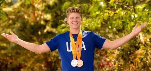 Trent Nelson  |  The Salt Lake Tribune
17-year-old Hunter Woodhall with the two Paralympic medals he won in track & field in Rio. Thursday September 22, 2016.