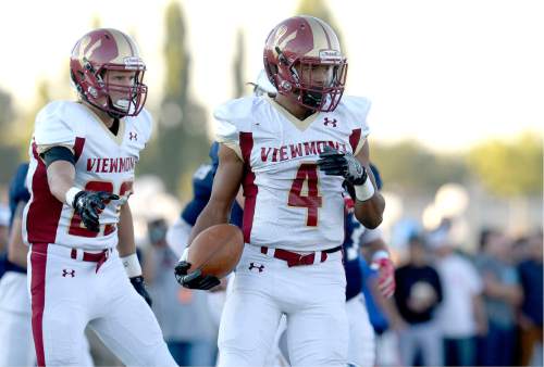 Scott Sommerdorf   |  The Salt Lake Tribune  
Viewmont WR Jacob Barnum pops up after returning the opening kickoff vs Syracuse. Syracuse beat Viewmont 13-6, Friday, September 16, 2016.