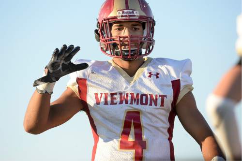 Scott Sommerdorf   |  The Salt Lake Tribune  
Viewmont WR Jacob Barnum takes the field with his team mates at the start of their game vs Syracuse. Syracuse beat Viewmont 13-6, Friday, September 16, 2016.