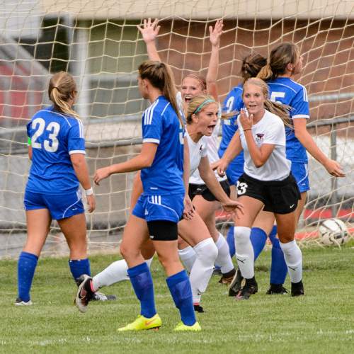 Trent Nelson  |  The Salt Lake Tribune
Weber's Ellie Maughan celebrates her first half goal as Weber hosts Fremont high school soccer in Ogden, Thursday September 22, 2016.