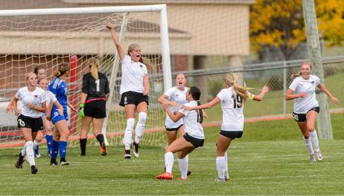 Trent Nelson  |  The Salt Lake Tribune
Weber's Ellie Maughan celebrates her first half goal as Weber hosts Fremont high school soccer in Ogden, Thursday September 22, 2016.