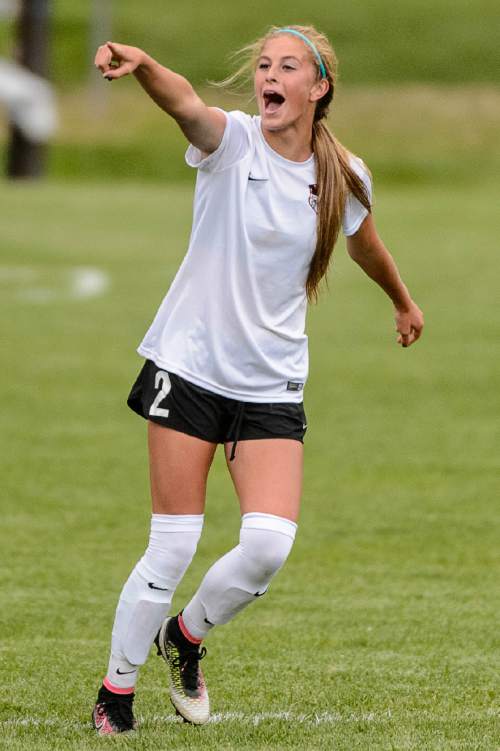 Trent Nelson  |  The Salt Lake Tribune
Weber's Ellie Maughan celebrates her first half goal as Weber hosts Fremont high school soccer in Ogden, Thursday September 22, 2016.