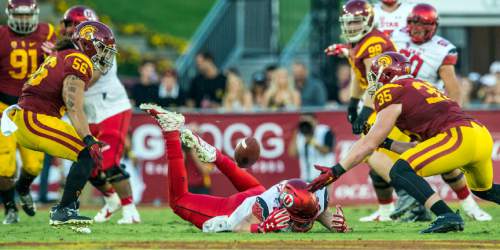 Chris Detrick  |  The Salt Lake Tribune
Utah Utes tight end Harrison Handley (88) can't make a catch while being covered by USC Trojans linebacker Cameron Smith (35) during the game at the Los Angeles Memorial Coliseum Saturday October 24, 2015.