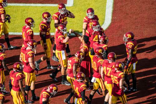 Chris Detrick  |  The Salt Lake Tribune
Members of the USC Trojans football team before the game at the Los Angeles Memorial Coliseum Saturday October 24, 2015.