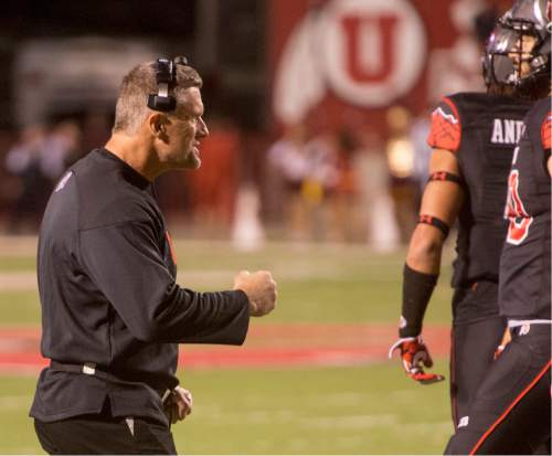 Rick Egan  |  The Salt Lake Tribune
 
Utah head coach Kyle Whittingham gets the Utes fired up in the final seconds of the game in the Utes' 24-21 victory over the USC Trojans at Rice-Eccles Stadium, Saturday, October 25, 2014.