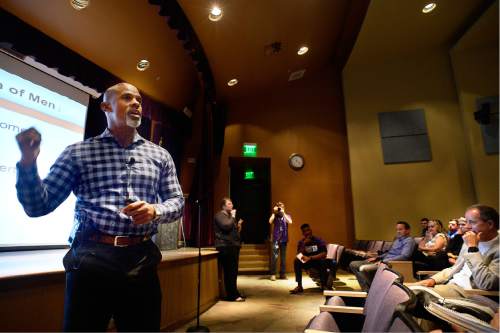 Scott Sommerdorf   |  The Salt Lake Tribune  
Ted Bunch gives a talk during The Allen Holmes Diversity Symposium "Preventing Sexual Assault: Leave the Sidelines of Silence," at Weber State University, Thursday, September 22, 2016.