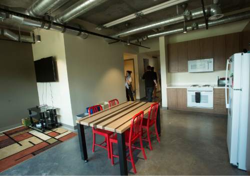 Rick Egan  |  The Salt Lake Tribune

Kitchen in the loft living space at the Lassonde Entrepreneur Institute, Lassonde Studios, a one-of-a-kind facility where students can live, create new products and launch companies. Thursday, September 22, 2016.