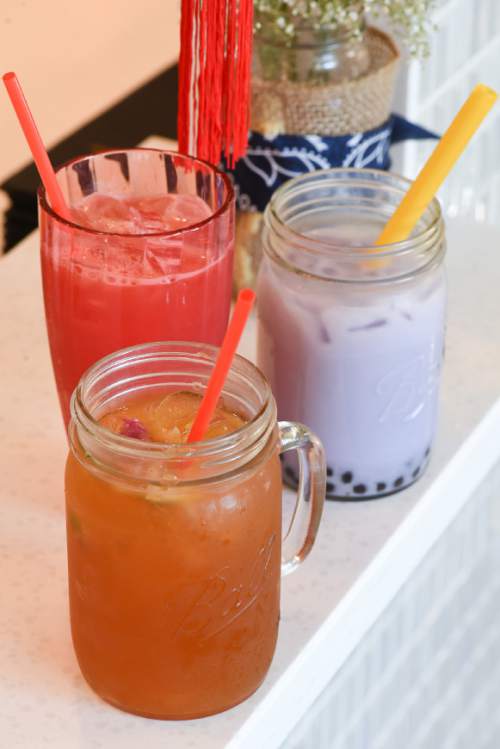 Francisco Kjolseth | The Salt Lake Tribune
Sasa Kitchen, a new Chinese restaurant at 2095 E. 1300 South, in Salt Lake City, offers a variety of fresh drinks, including, flower fruit tea, watermelon juice and taro, a boba milk tea.