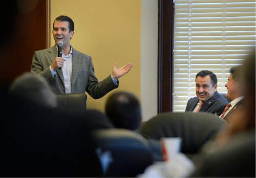 Scott Sommerdorf   |  The Salt Lake Tribune  
Donald Trump Jr. speaks to the House GOP caucus meeting, Wednesday, September 21, 2016. Trump told a story from the GOP convention in Cleveland, about Speaker of the House Greg Hughes, R-Draper, right, who, in his eagerness to greet him, quickly jumped out of a crowd toward him, nearly making the Secret Service think he was an attacker.