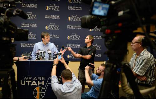 Francisco Kjolseth | The Salt Lake Tribune
Utah Jazz GM Dennis Lindsey speaks with the media after the introduction of players George Hill and Joe Johnson at the Jazz training facilities on Friday, July 8, 2016.