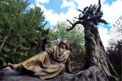 Scott Sommerdorf   |  The Salt Lake Tribune  
Utah artist Angela Johnson's "Gethsemane" - Luke 22:39-53 in the The Light of the World garden, Thursday, September 22, 2016.