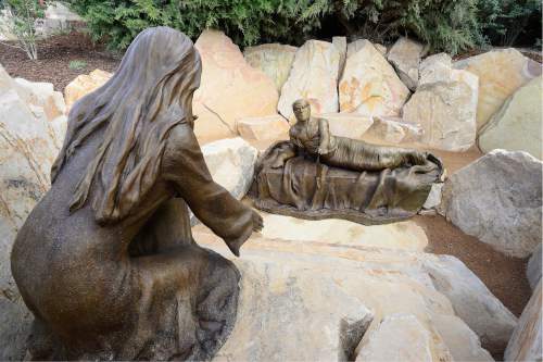 Scott Sommerdorf   |  The Salt Lake Tribune  
A detail from "Lazarus, Come Forth" - John 11:1-44, in the The Light of the World garden, with sculptures created by Utah artist Angela Johnson, Thursday, September 22, 2016.