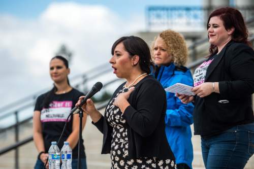 Chris Detrick  |  The Salt Lake Tribune
Representative Angela Romero (D-Salt Lake City) speaks outside the Utah State Capitol during the 5th annual SlutWalk Walk of No Shame Saturday September 24, 2016. The annual SlutWalk is a march against sexual assault, victim blaming, slut shaming, and rape culture- with millions of participants in thousands of cities around the globe. The Walk of No Shame aims to strike down the ideas that survivors of sexual assault or violence somehow deserved it, or that anyone is inviting this behavior. By dismantling this idea, and the culture that surrounds it, we hope to see better access to help for survivors, better reporting methods, and less stigma around reporting these crimes.