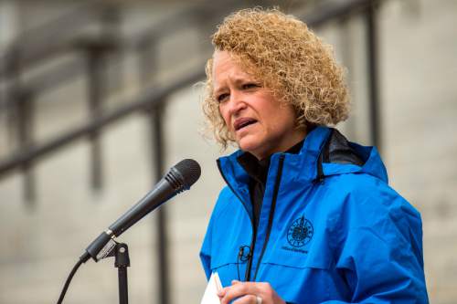 Chris Detrick  |  The Salt Lake Tribune
Salt Lake City Mayor Jackie Biskupski speaks outside the Utah State Capitol during the 5th annual SlutWalk Walk of No Shame Saturday September 24, 2016. The annual SlutWalk is a march against sexual assault, victim blaming, slut shaming, and rape culture- with millions of participants in thousands of cities around the globe. The Walk of No Shame aims to strike down the ideas that survivors of sexual assault or violence somehow deserved it, or that anyone is inviting this behavior. By dismantling this idea, and the culture that surrounds it, we hope to see better access to help for survivors, better reporting methods, and less stigma around reporting these crimes.