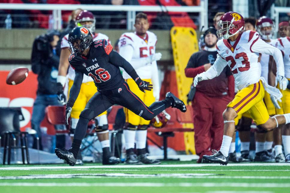 Chris Detrick  |  The Salt Lake Tribune
Utah Utes wide receiver Cory Butler-Byrd (16) can't make a catch while being covered by USC Trojans defensive back Jonathan Lockett (23) during the first half of the game at Rice-Eccles Stadium Friday September 23, 2016.
